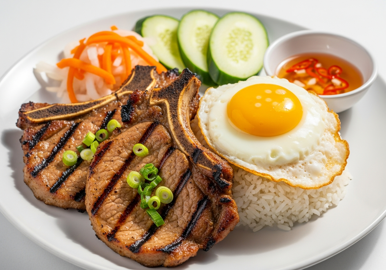 Grilled Pork Chop with Fried Egg on Rice