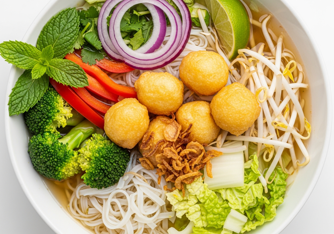 Vegan Pho with Tofu and Fresh Vegetables