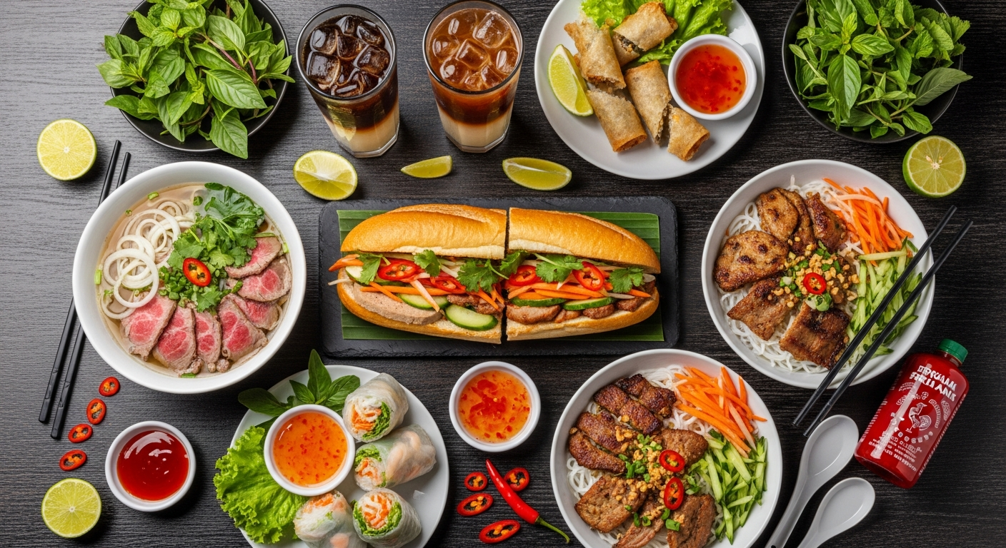 Spread of Vietnamese dishes including pho, banh mi, spring rolls, and vermicelli in Ottawa