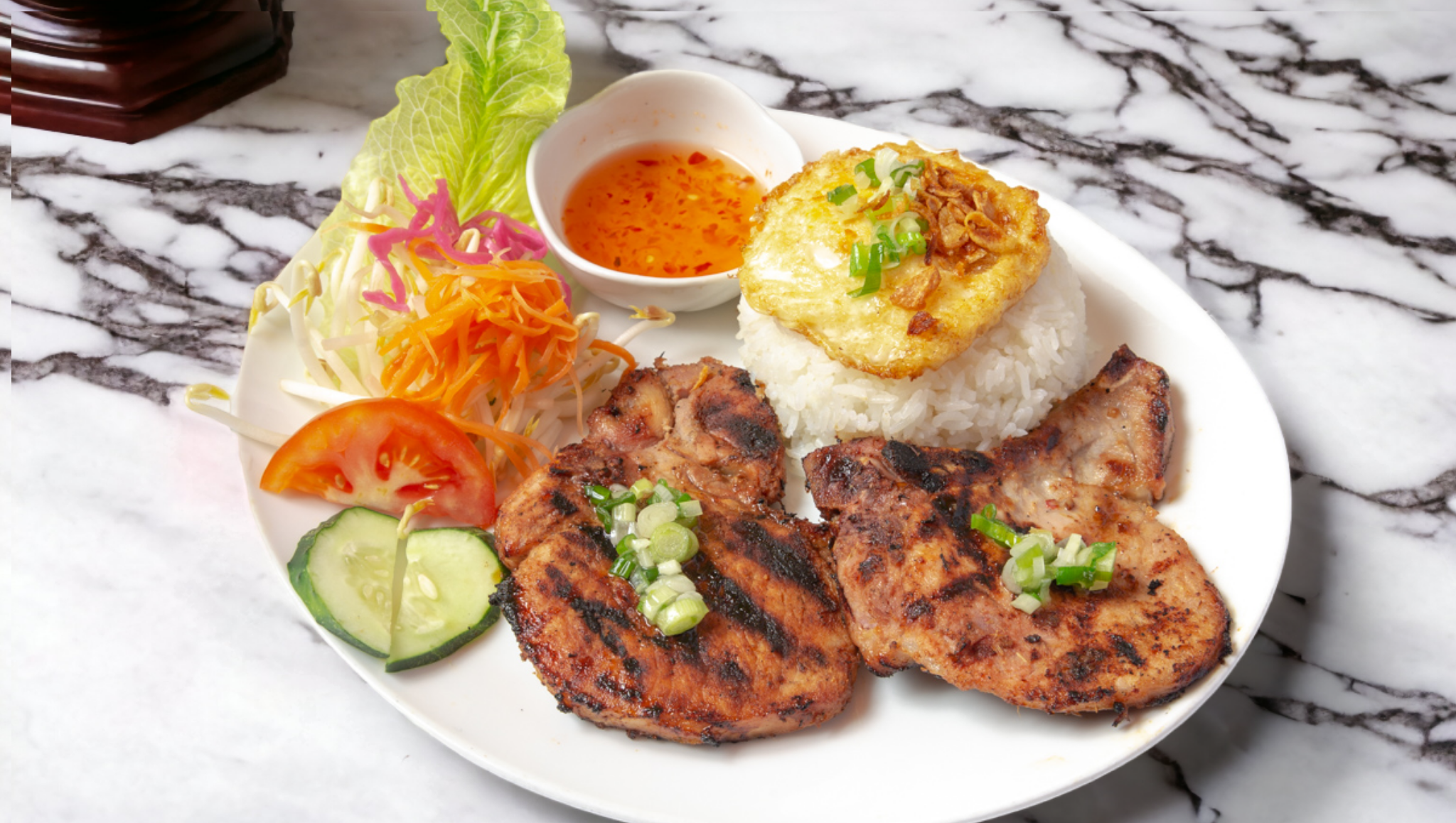 Grilled Pork with Fried Egg on Steamed Jasmine Rice