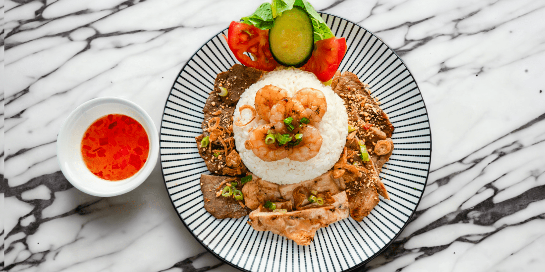 Grilled Beef, Chicken, Pork and Shrimp on Steamed Jasmine Rice