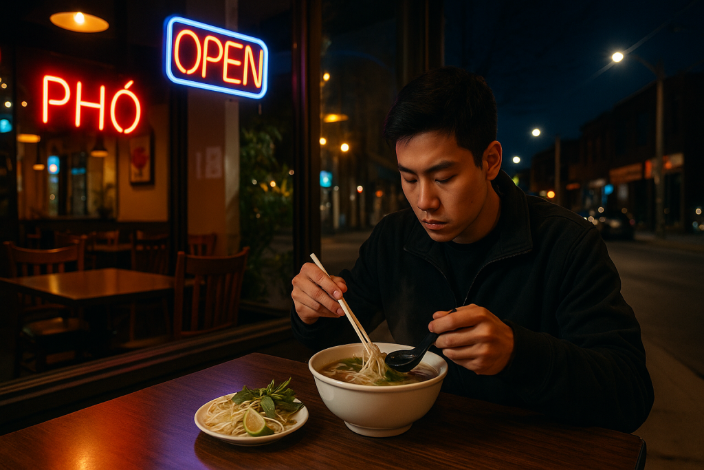Late-Night Pho Enjoyment Outside a Vietnamese Restaurant in Ottawa