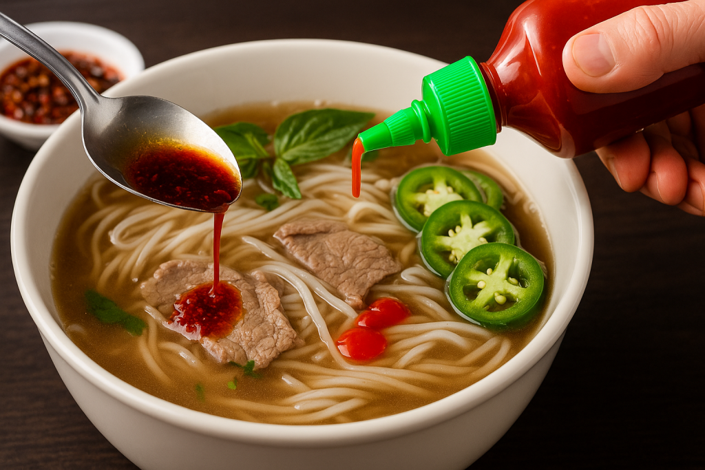 Spice Level Guide Pho with Chili Oil, Jalapeños & Sriracha