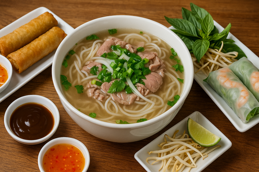 Pho with Spring Rolls, Salad Rolls, and Traditional Vietnamese Sides